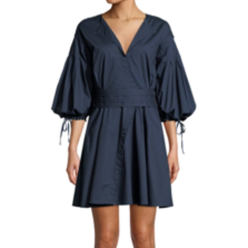 Tanya Taylor Rachele Cotton Poplin Puff Sleeve Faux Wrap Mini Dress NWT NEW 10